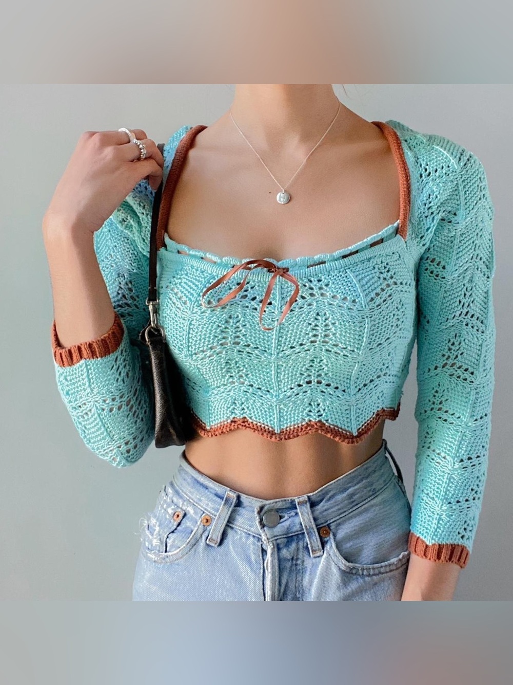 Urban Outfitters Blaire Crochet Crop sweater/top with Brown Trim bow tie sz S